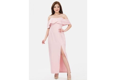 Strap Off Shoulder Slit Long Dress in Pink