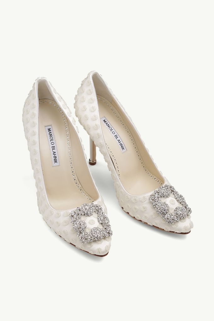 MANOLO BLAHNIK Hangisi Embroidered Pumps 10.5cm in White Satin with White Crystal by FashionForth - 001