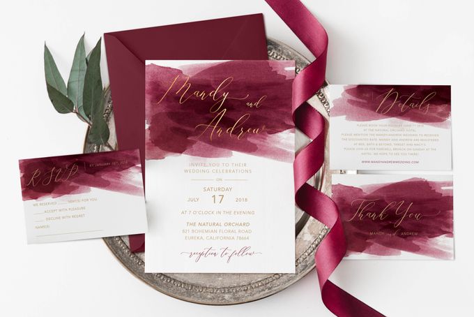 Red Burgundy Watercolor with Champagne Gold by Trouvaille Invitation - 001 Red Burgundy Watercolor with Champagne Gold by Trouvaille Invitation - 001