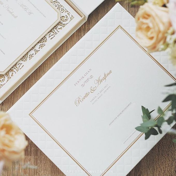 Laser cut lace pattern with gold foil accent for the loving couple by Tapestry Invitation - 001 Laser cut lace pattern with gold foil accent for the loving couple by Tapestry Invitation - 001