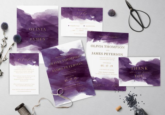 Purple Watercolor by Trouvaille Invitation - 001 Purple Watercolor by Trouvaille Invitation - 001