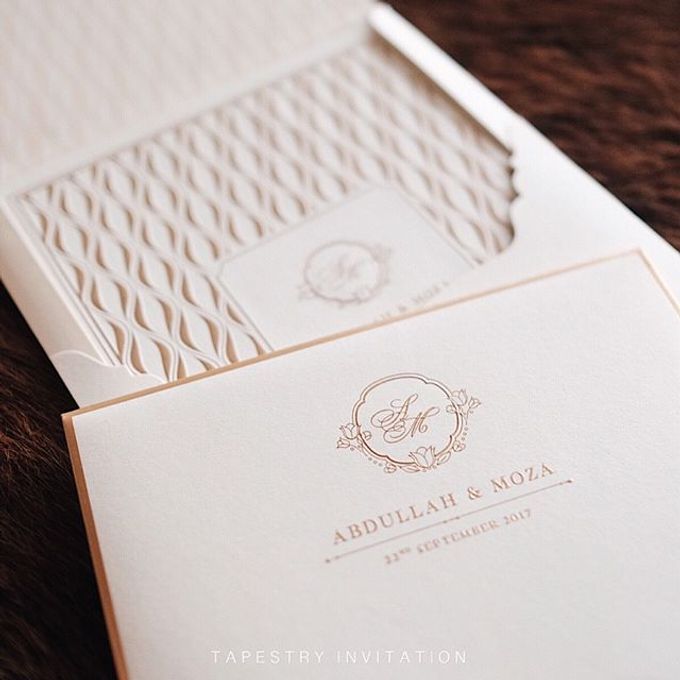 A simple yet elegant gold on creme invitation for our client in a far away country by Tapestry Invitation - 001