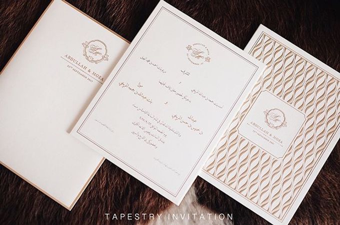 A simple yet elegant gold on creme invitation for our client in a far away country by Tapestry Invitation - 003