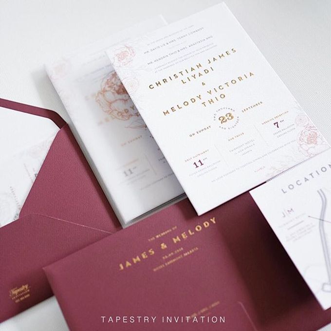 Red gold simple single panel invitation for James & Melody by Tapestry Invitation - 001 Red gold simple single panel invitation for James & Melody by Tapestry Invitation - 001