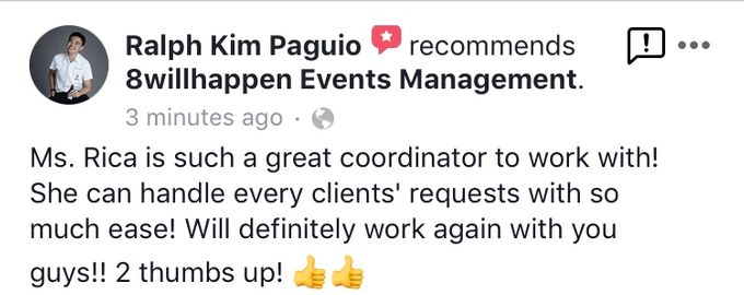 Client Appreciation and Feedback for 8willhappen Events Management by 8willhappen Events Management - 002 Client Appreciation and Feedback for 8willhappen Events Management by 8willhappen Events Management - 002