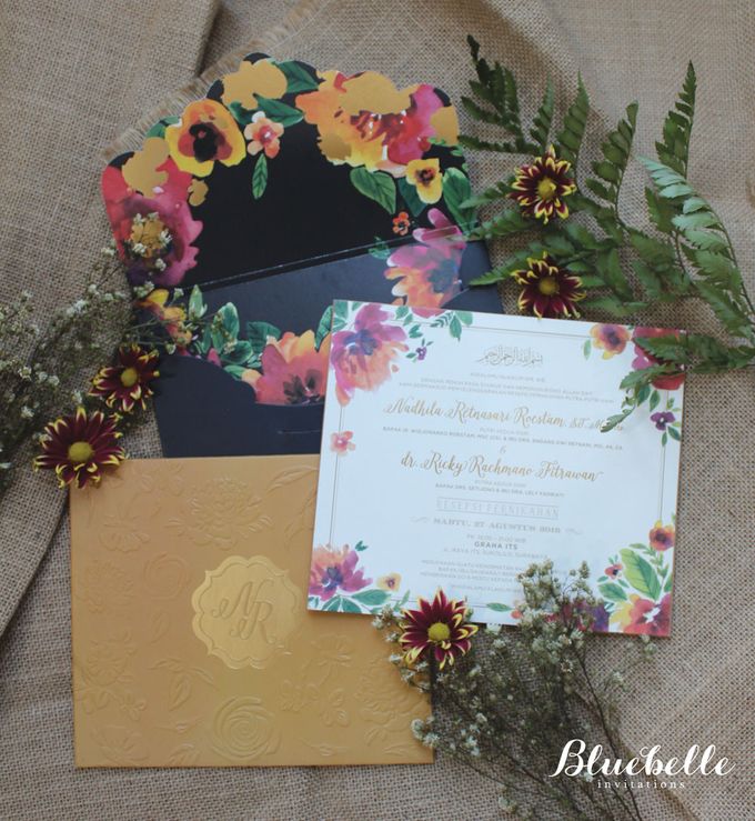 Nadhila & Ricky Black Gold Floral Wedding Invitation by Bluebelle Invitations - 001