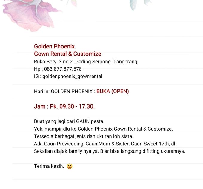 Today : OPEN ( 09.30 - 17.30) by Golden Phoenix Rent Gown - 003 Today : OPEN ( 09.30 - 17.30) by Golden Phoenix Rent Gown - 003