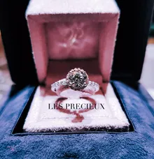 Perfect Super Ideal Cut Round Diamond set in Micropave Pink Diamond Halo Engagement Ring by LES PRECIEUX